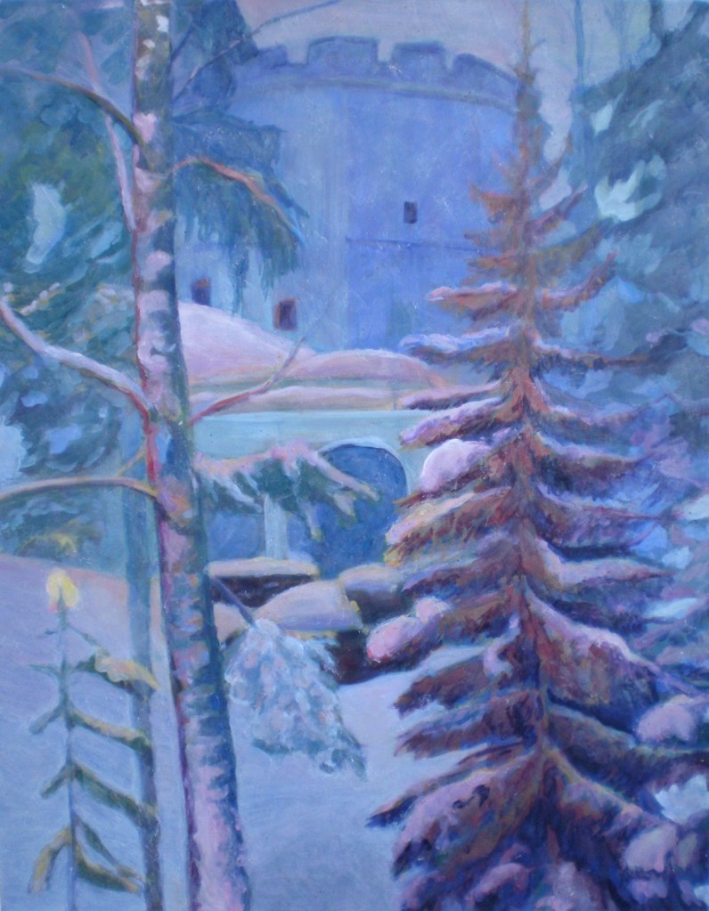 Castle in the forest, 2011, oil and wax on linen, 82 x 64 cm. ©Hilja Roivainen.