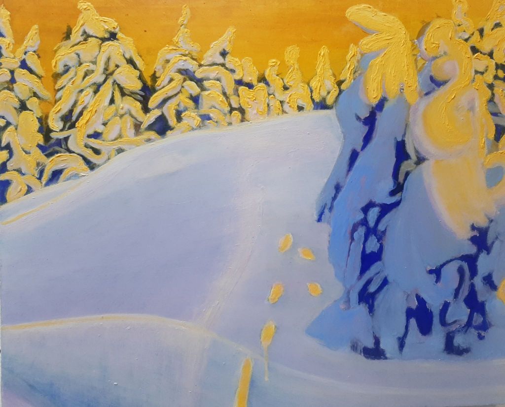 Lumipolku, 2022, oil on MDF, 33.5 x 40 cm, ©Hilja Roivainen.