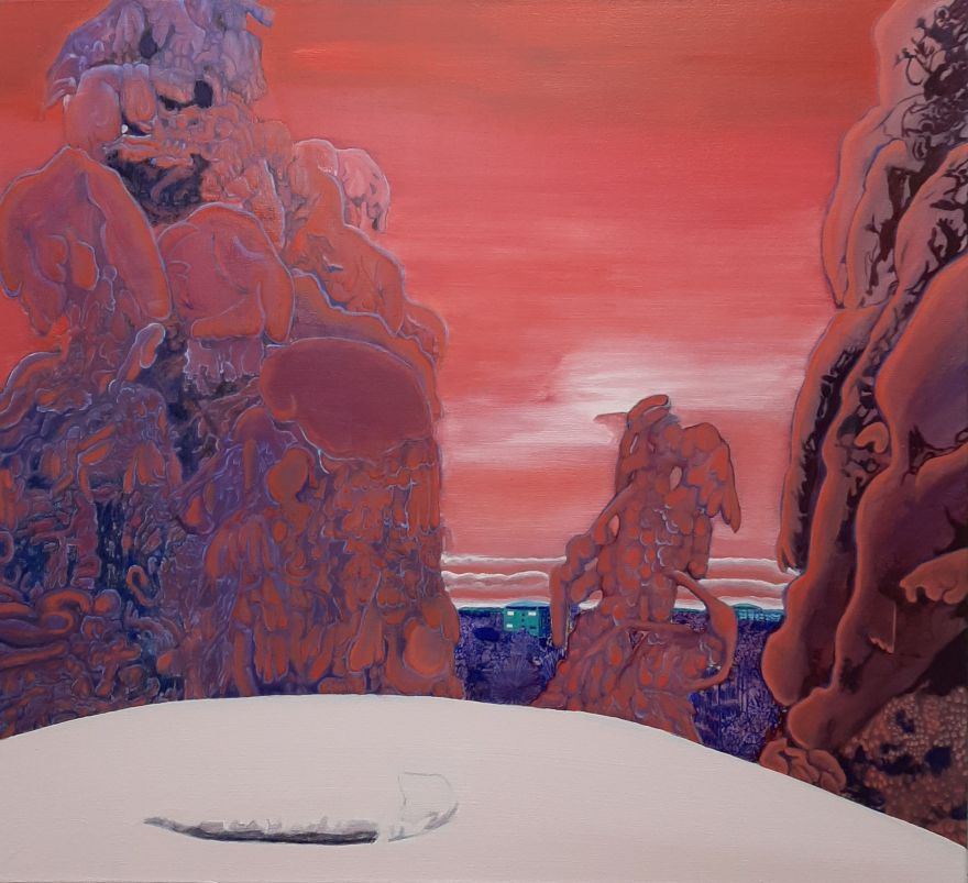 Eteenpäin (Dämmerung nach Vorwärts), 2026, oil on canvas, 73 x 81 cm.
